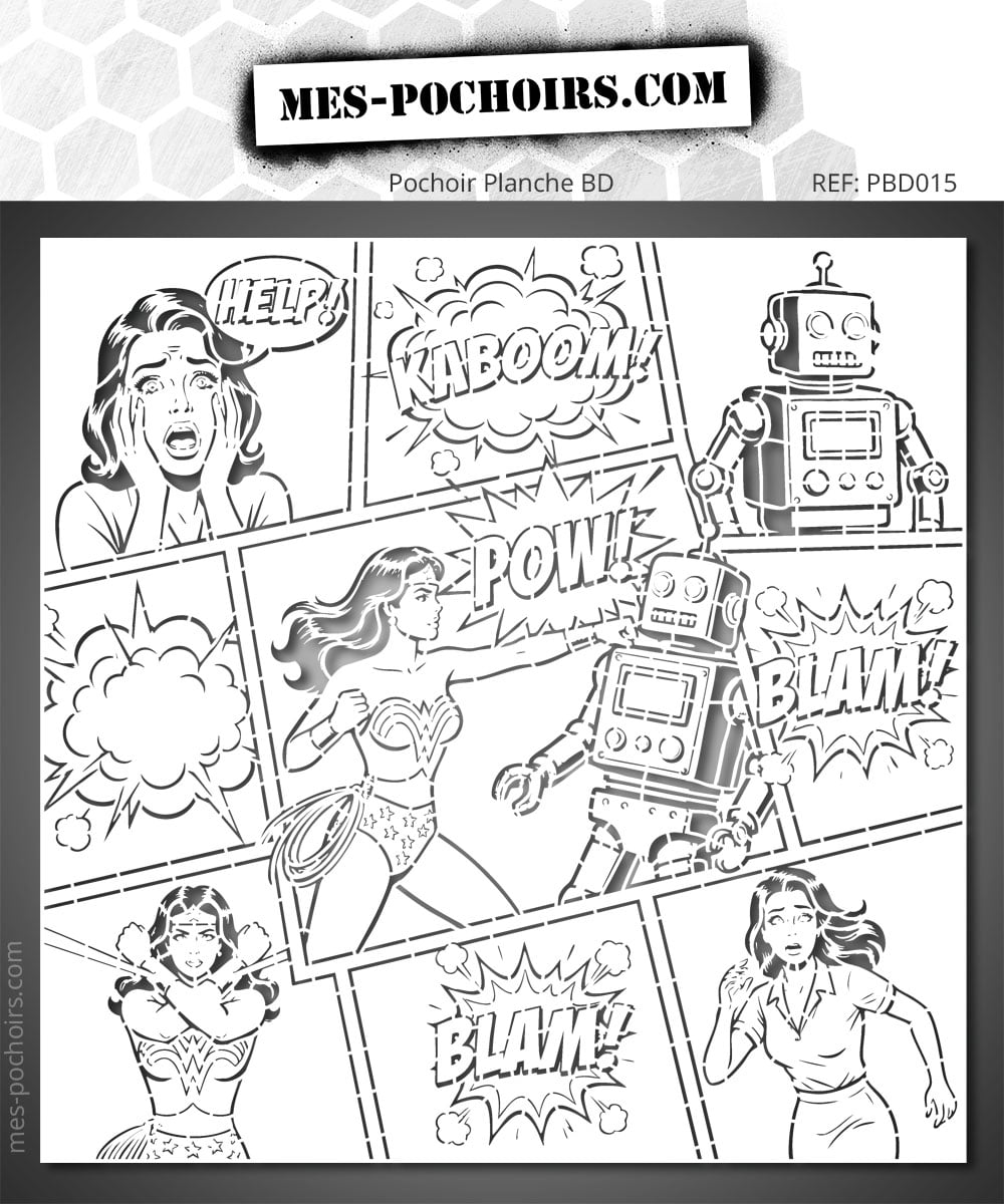 Superheldin vs Robot Sjabloon opgebouwd als een stripplaat. Meerdere vakken vertellen het verhaal van de confrontatie tussen een superheldin en een retro robot, vol actiescènes, explosies en de onomatopeeën POW, KABOEM en BLAM.