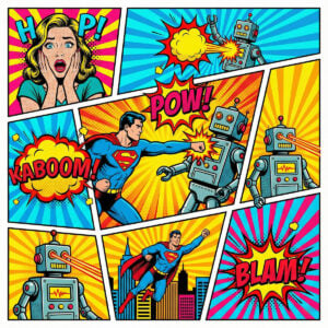 Ejemplo de realización inspirada en la plantilla Superhéroe vs Robot, en un universo cómic y pop art con colores vibrantes. Las diferentes viñetas narran el duelo entre el héroe y su adversario mecánico a través de escenas de acción, explosiones y efectos gráficos.