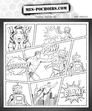 Plantilla Superhéroe vs Robot compuesta como una página de cómic. Varias viñetas muestran el enfrentamiento entre un superhéroe y un robot retro, acompañado de explosiones y onomatopeyas características del cómic.