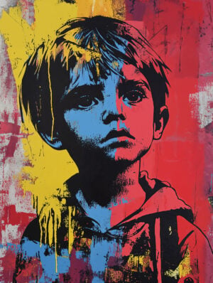 Opera realizzata con lo stencil che rappresenta un bambino su sfondo colorato.