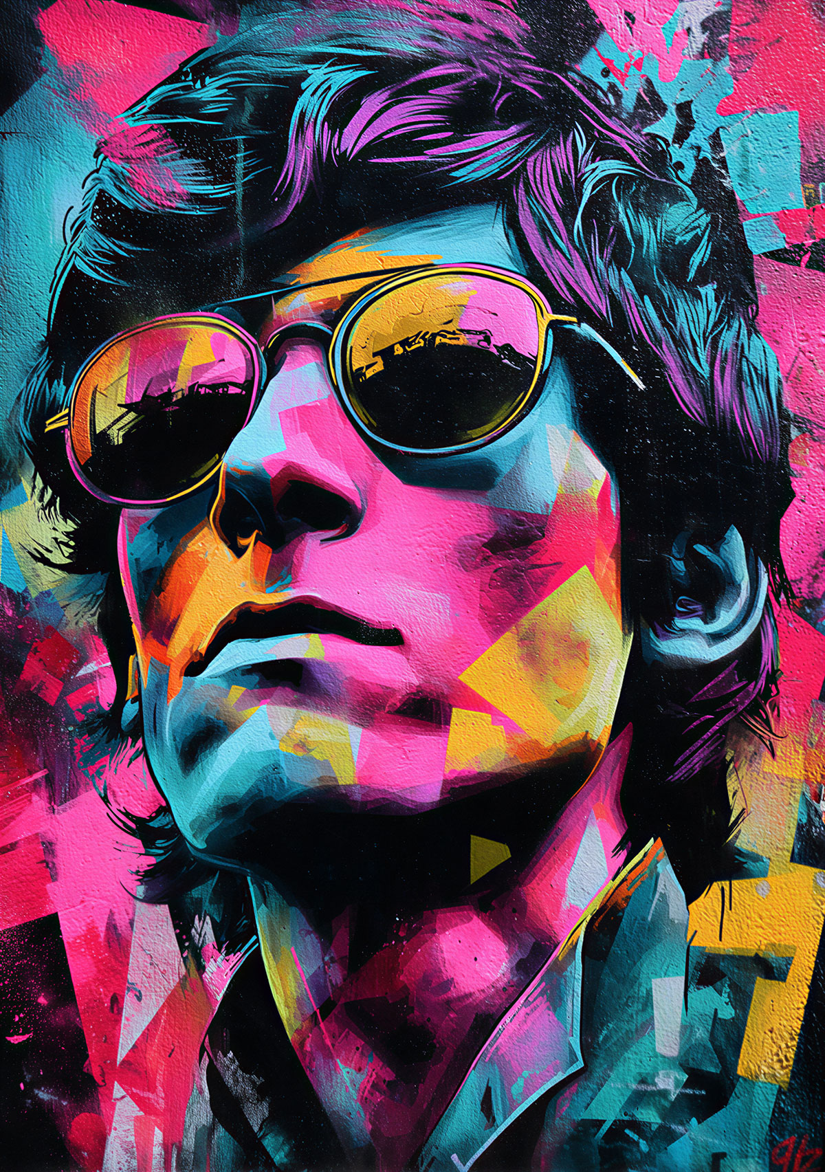 Interprétation colorée du pochoir dans un univers pop art et street art. Les couleurs vives, les superpositions et les textures transforment le portrait en une composition urbaine contemporaine.