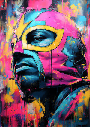 Interprétation colorée du pochoir Catcheur Masqué dans un esprit pop art et street art. Rose, bleu, jaune et noir se mêlent aux projections, textures et effets de peinture pour accentuer la puissance graphique du masque et du portrait.