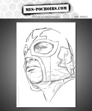 Pochoir représentant le portrait en gros plan d’un catcheur masqué, inspiré de l’univers de la lucha libre. Le cadrage met en valeur son regard intense et les formes graphiques caractéristiques de son masque.