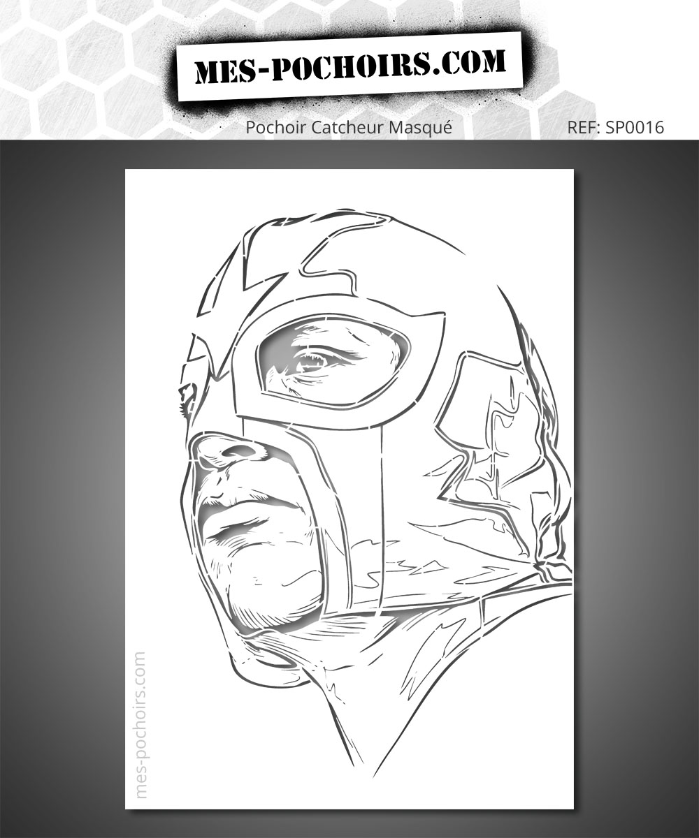 Pochoir représentant le portrait en gros plan d’un catcheur masqué, inspiré de l’univers de la lucha libre. Le cadrage met en valeur son regard intense et les formes graphiques caractéristiques de son masque.