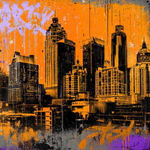 Création street art réalisée avec un pochoir skyline urbaine et des gratte-ciel colorés