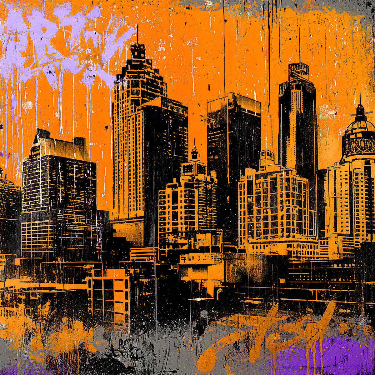Création street art réalisée avec un pochoir skyline urbaine et des gratte-ciel colorés