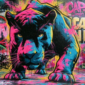 Mur peint avec une panthère noire colorée et dynamique - Réalisé au pochoir - style street art 