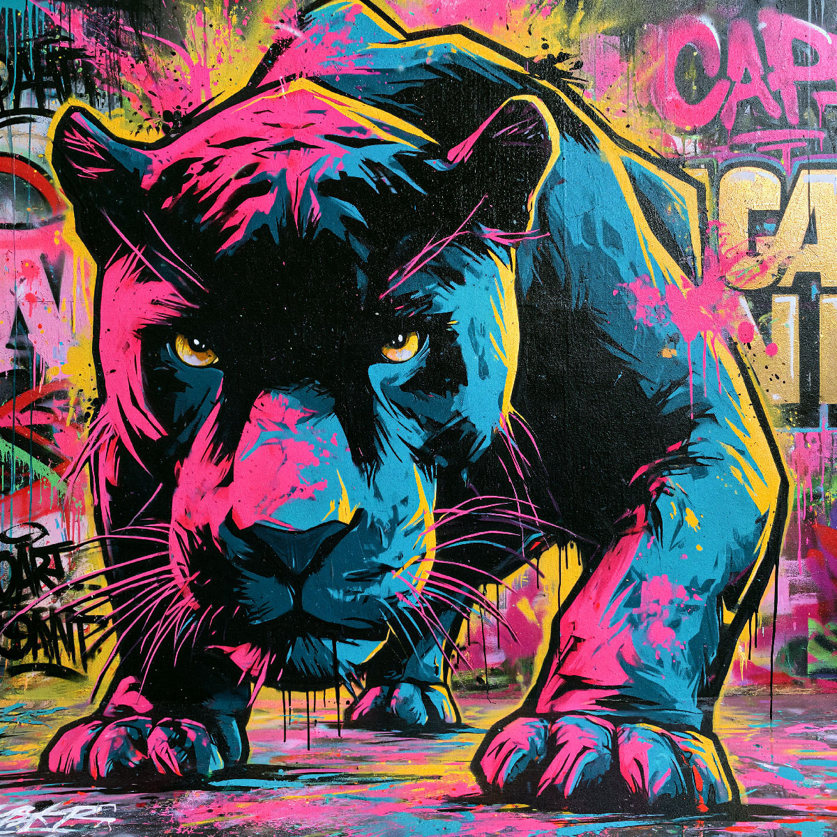 Mur peint avec une panthère noire colorée et dynamique - Réalisé au pochoir - style street art