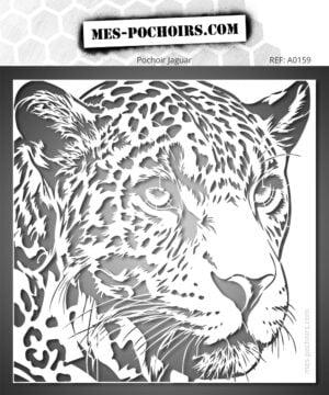 Plantilla de jaguar ligeramente de perfil, con su característico pelaje moteado, sus bigotes y los rasgos poderosos del gran felino.