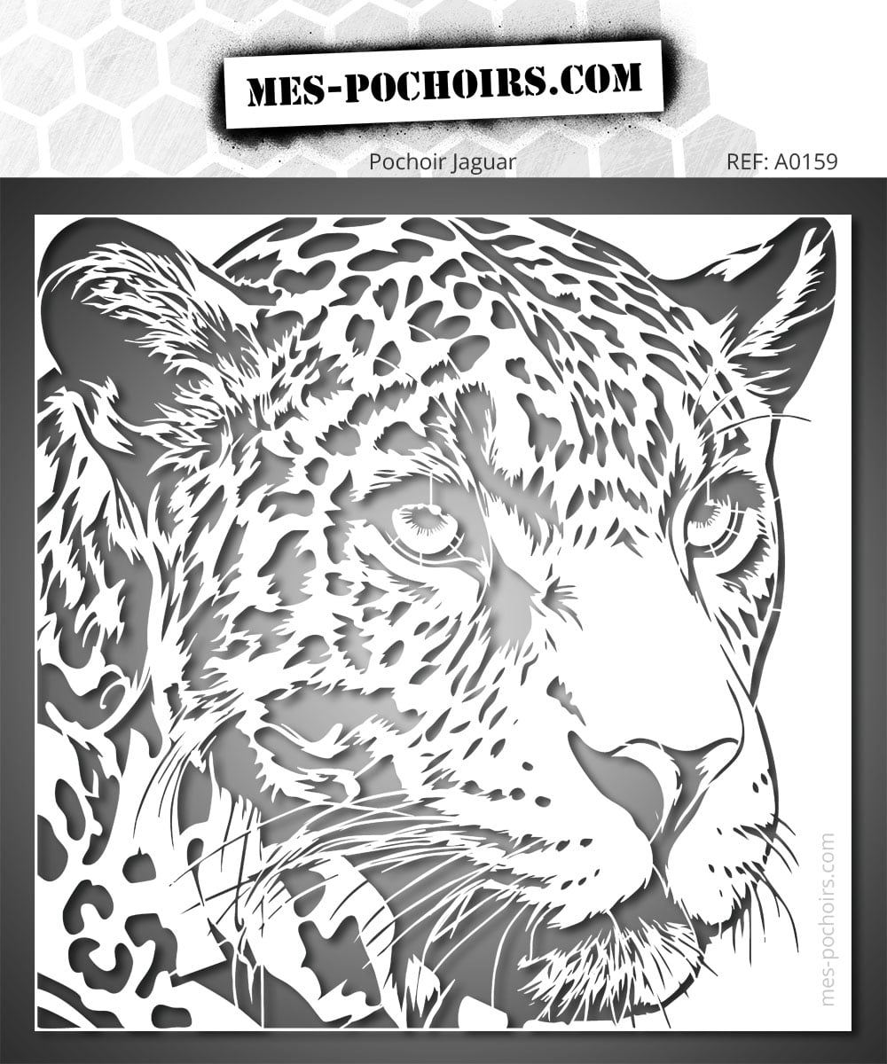 Jaguar stencil slightly in profile, featuring its characteristic spotted coat, whiskers, and the powerful features of the great feline.