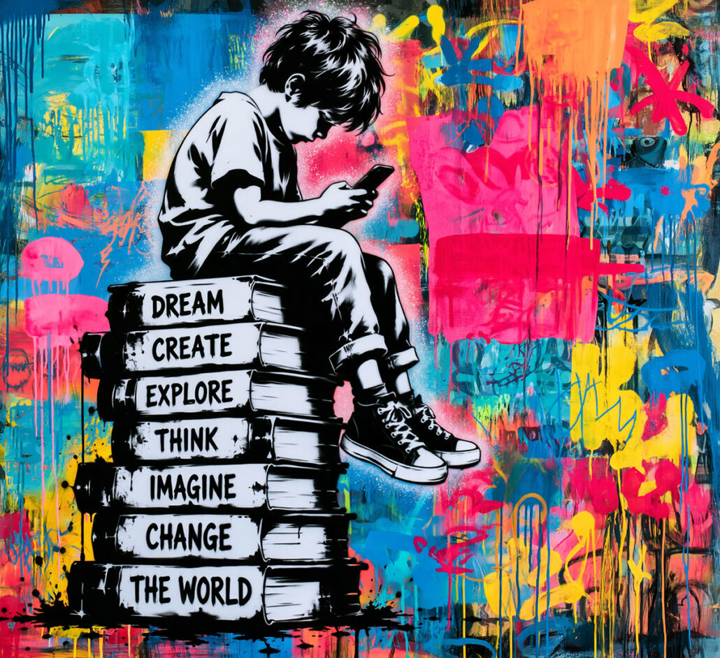 Création Street Art avec un enfant assis sur des livres, téléphone à la main