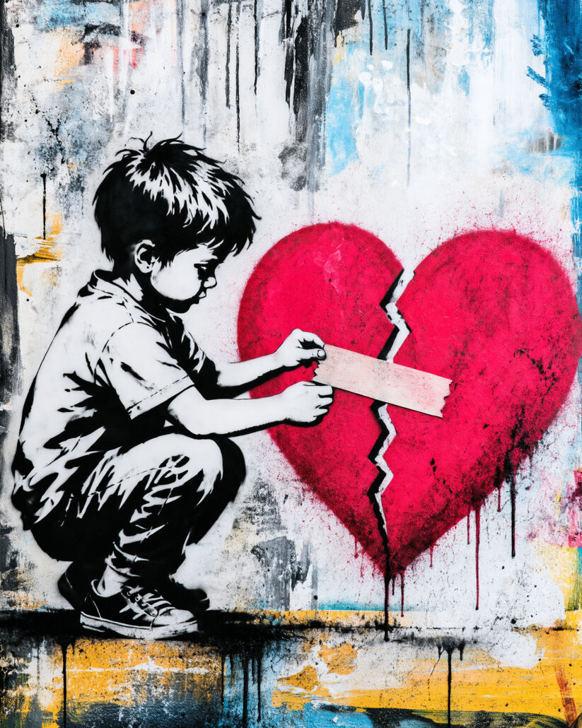 Création Street Art enfant réparant un grand cœur brisé - Oeuvre réalisé avec pochoir de haute qualité