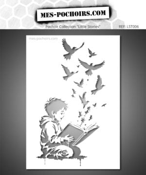 Un enfant plongé dans sa lecture regarde une nuée d’oiseaux s’échapper de son livre et prendre son envol, dans une scène pleine d’imagination et de poésie.