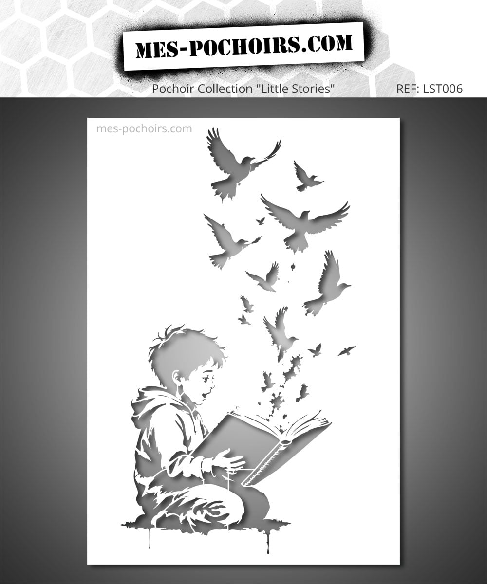 Un enfant plongé dans sa lecture regarde une nuée d’oiseaux s’échapper de son livre et prendre son envol, dans une scène pleine d’imagination et de poésie.