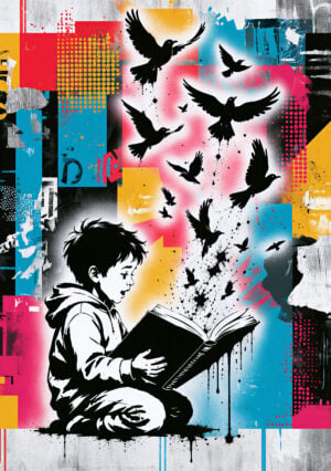 Une création Street Art colorée mettant en scène un enfant avec son livre tandis qu’une nuée d’oiseaux s’élève autour de lui, comme si l’histoire prenait vie sous ses yeux.