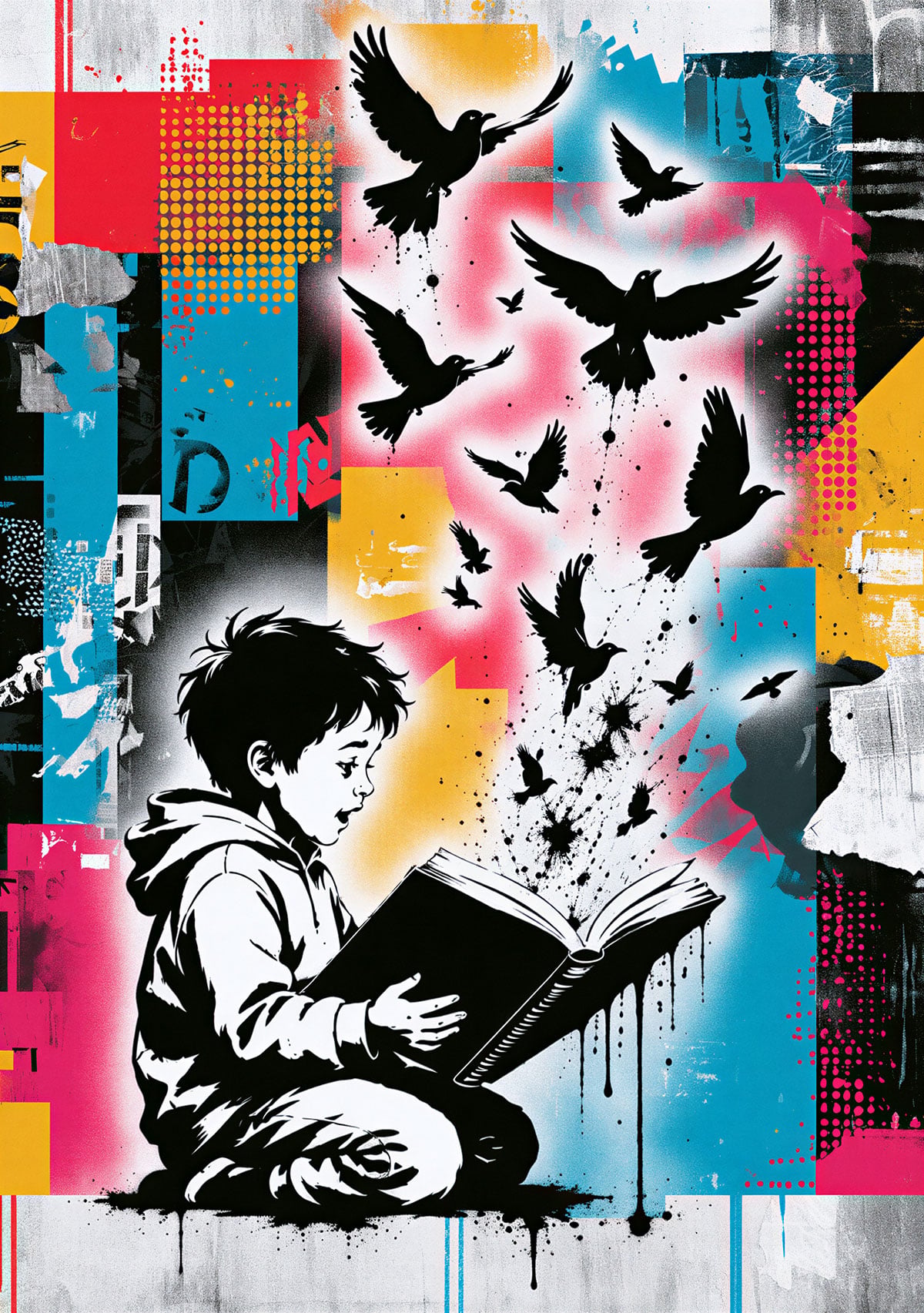 Une création Street Art colorée mettant en scène un enfant avec son livre tandis qu’une nuée d’oiseaux s’élève autour de lui, comme si l’histoire prenait vie sous ses yeux.