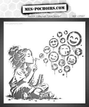Schablone eines Mädchens, das Emotionen- und Emoji-Blasen bläst