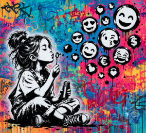 Street Art Kreation eines Kindes mit Seifenblasen und Emojis – erstellt mit Street Art Schablone