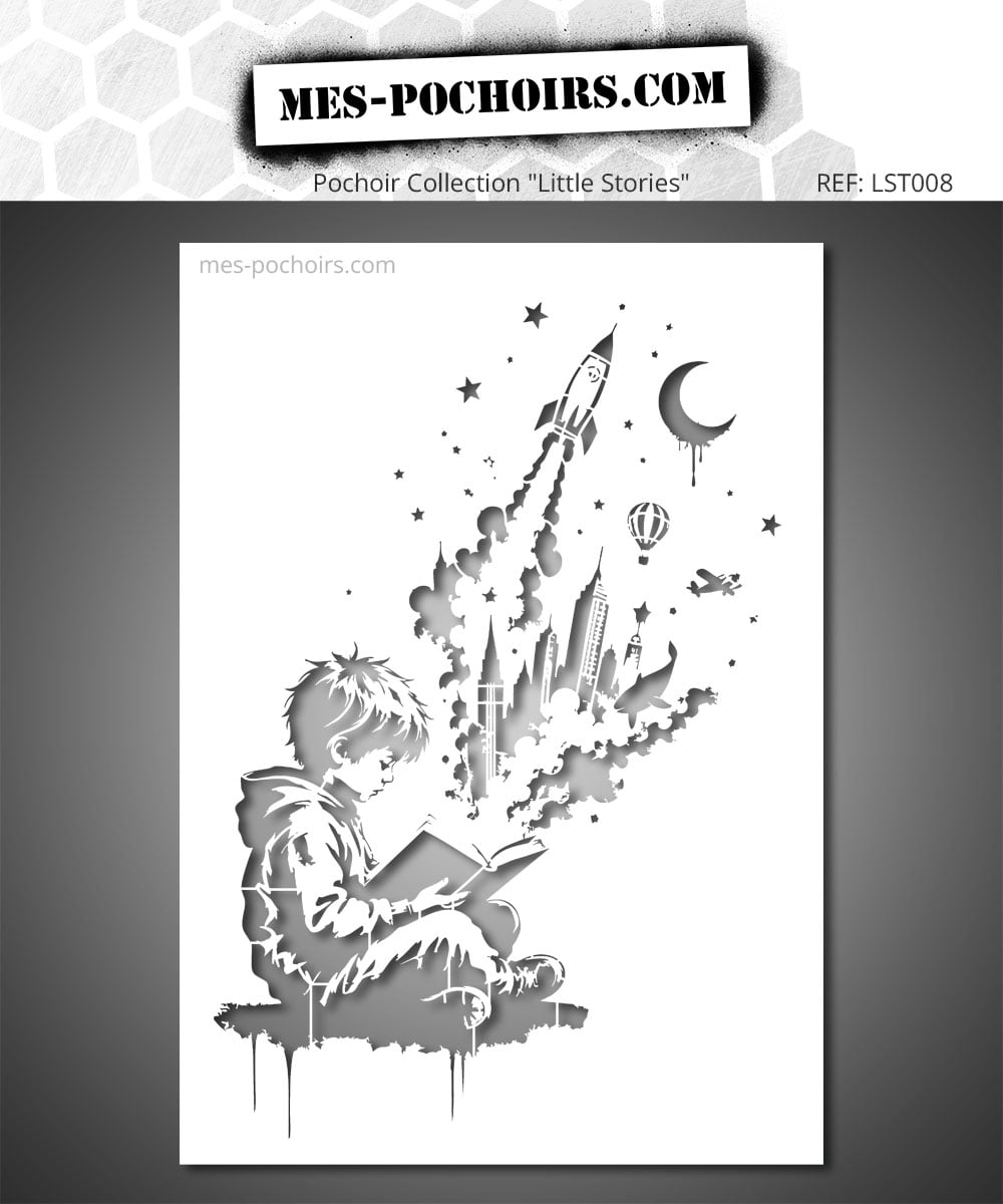 Plantilla que representa a un niño leyendo con elementos fantásticos emergiendo del libro.