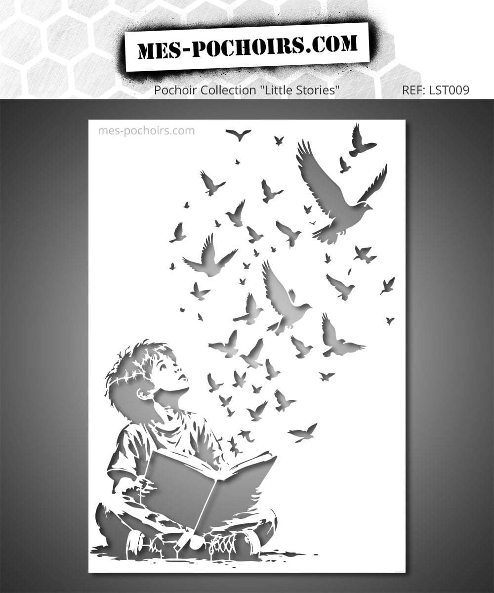 Plantilla de un niño leyendo con pájaros en vuelo