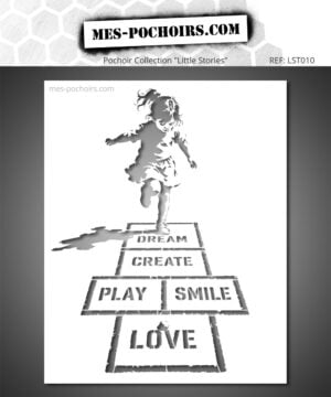Kinderschablone, das auf den Feldern Dream Create Play Smile Love hüpft