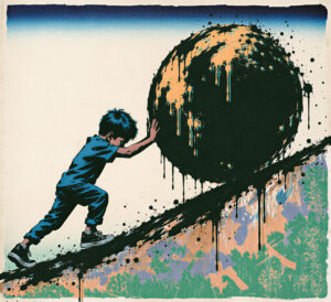 Art inspired by the famous rock of Sisyphus.