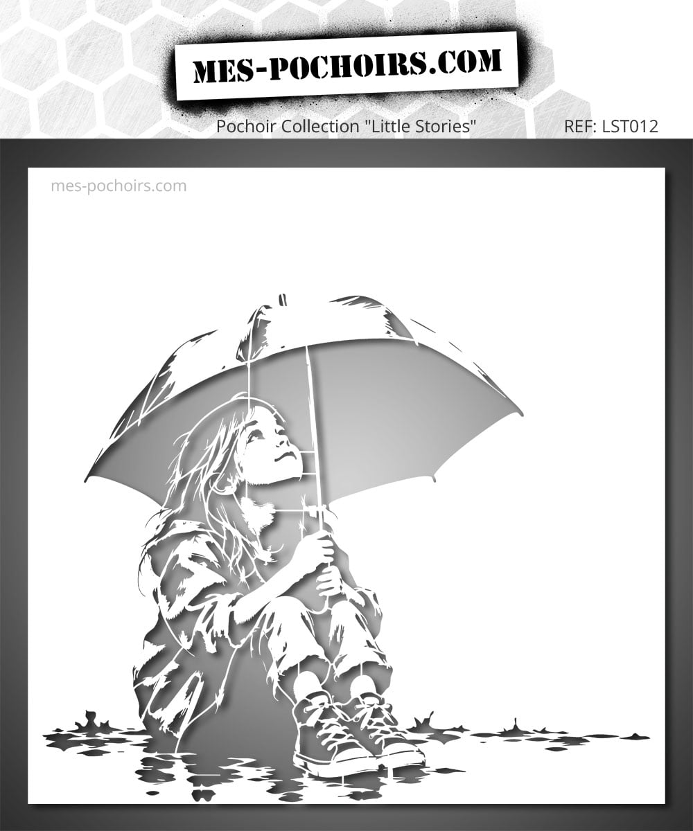 pochoir enfant au parapluie - Une fille assise sous un grand parapluie lève les yeux vers le ciel dans une composition Street Art. Un pochoir figuratif pouvant être utilisé seul ou associé à des motifs, couleurs et fonds graphiques.