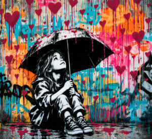 Création Street Art avec une fille sous un parapluie et une pluie de cœurs - création au pochoir, à la peinture, et spray