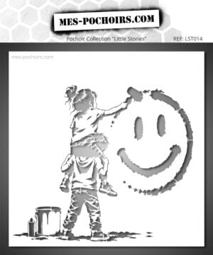 Pochoir représentant deux enfants peignant un smiley sur un mur - style street art plein de créativité avec des petits artistes