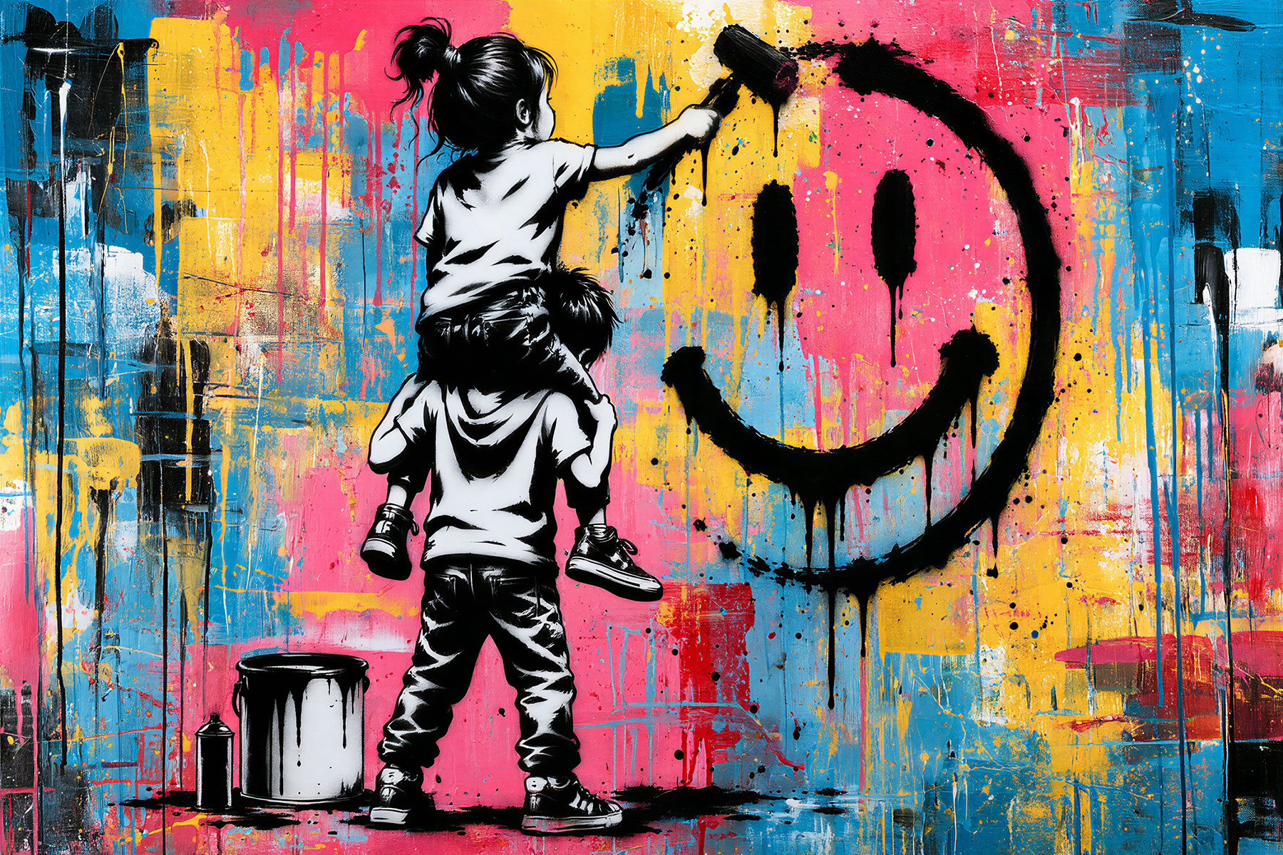 Obra de street art realizada con la Plantilla Niños, Pintura & Smiley - colorida y divertida - Diseño exclusivo y creativo