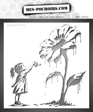 Schablone eines kleinen Mädchens, das eine riesige Blume gießt.