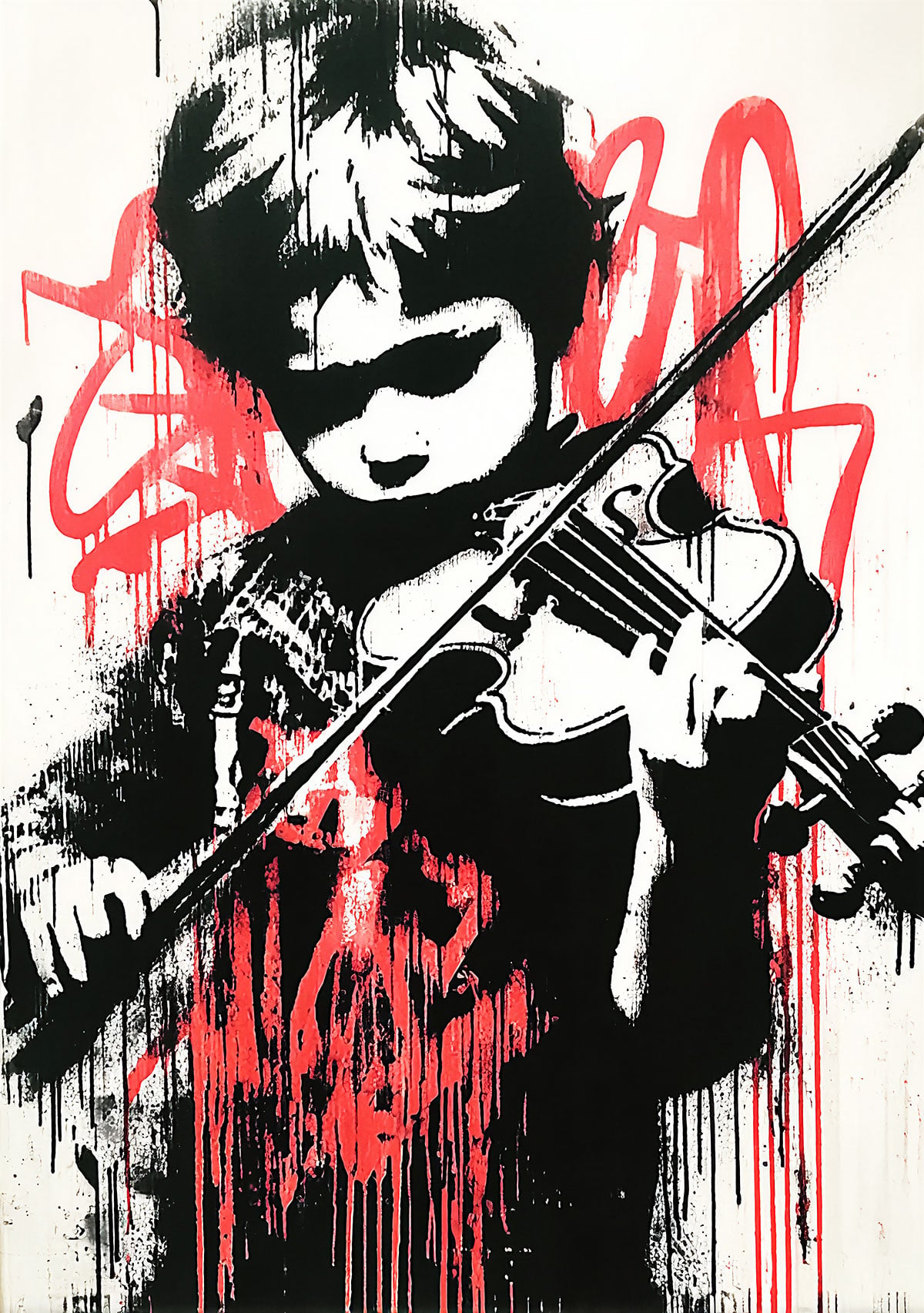 Image artistique au style street art réalisée avec le pochoir enfant violoniste - style Banksy et artistes street art