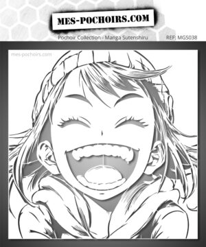 Smiling manga girl portrait with hat and windblown hair