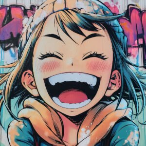 Wall painted with smiling manga-style face, vibrant colors