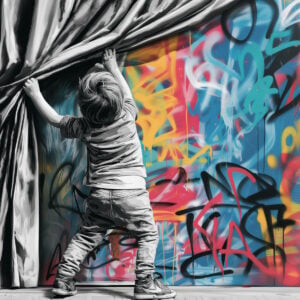 Création artistique street art représentant un enfant dévoilant un mur coloré derrière un rideau - réalisé avec le pochoir de notre boutique en ligne
