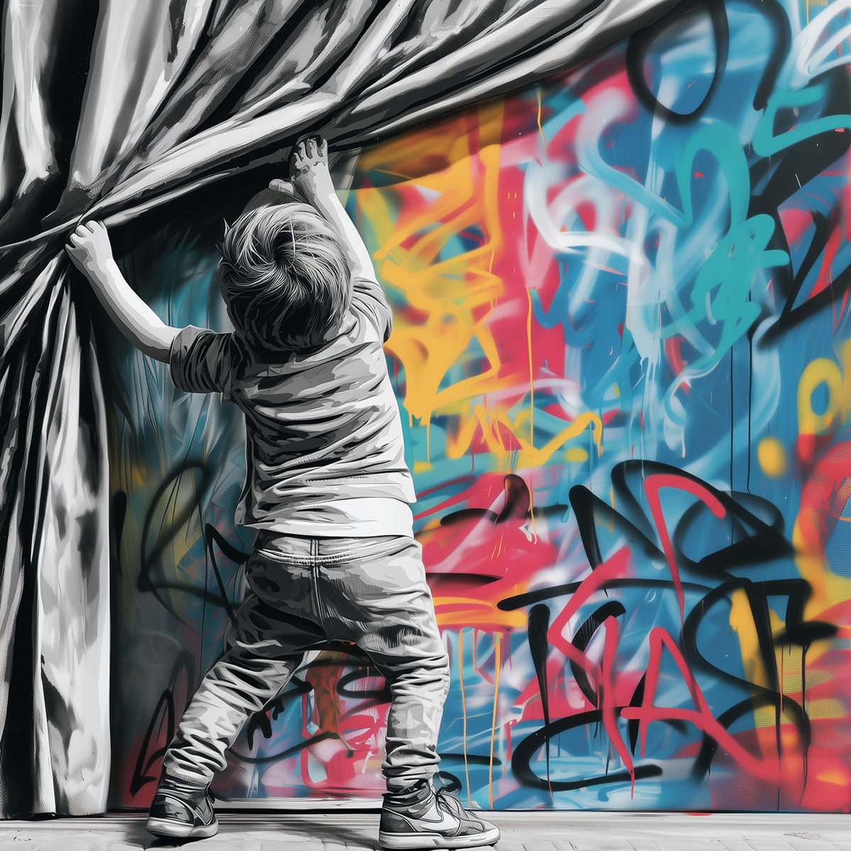 Création artistique street art représentant un enfant dévoilant un mur coloré derrière un rideau - réalisé avec le pochoir de notre boutique en ligne