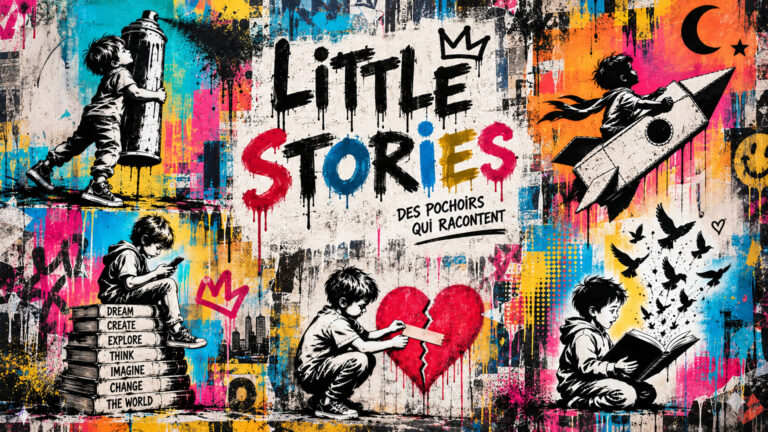 Illustration aus der Little Stories-Kollektion mit mehreren Kindern in Street-Art-Szenen rund um Fantasie, Emotionen und Kreativität