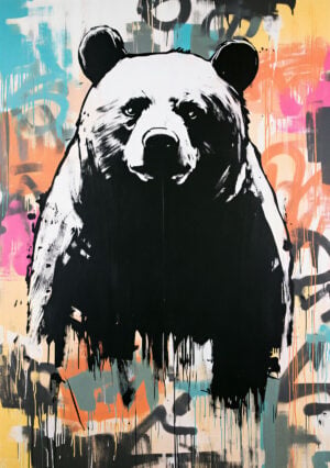 Pochoir Ours Street Art - Art mural coloré avec motif d'ours sur fond de graffiti multicolore.