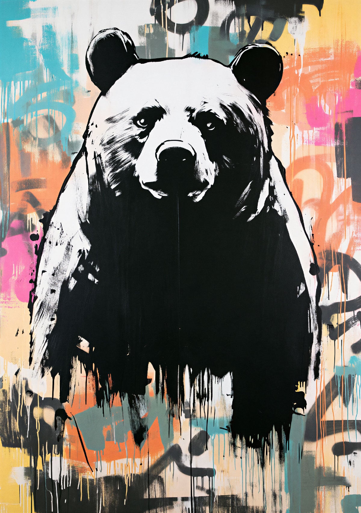 Pochoir Ours Street Art - Art mural coloré avec motif d'ours sur fond de graffiti multicolore.