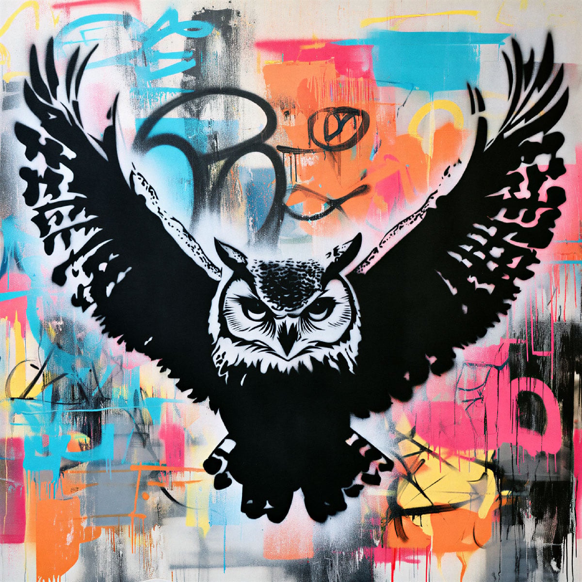 Peinture réalisée avec le pochoir de hibou Grand-Duc en plein Vol sur fond coloré au style street art.