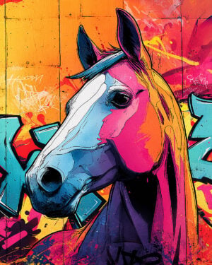 Pochoir Portrait de Cheval - Illustration colorée et détaillée de la tête d'un cheval aux lignes graphiques, contrastées.