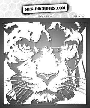 Plantilla que representa un puma en primer plano y de frente, con su mirada fija, hocico, bigotes y los detalles característicos del gran felino.