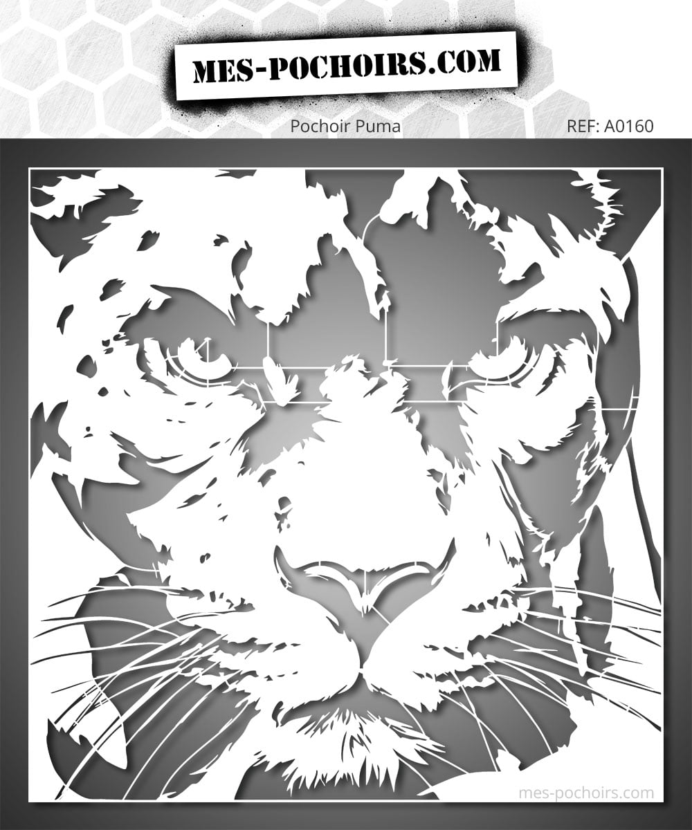 Stencil depicting a puma in close-up and from the front, with its steady gaze, muzzle, whiskers, and distinctive big cat details.