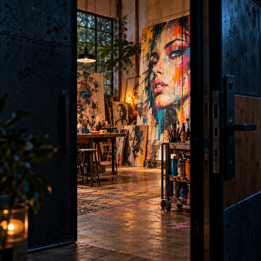 De deur staat open voor een privékunstatelier, waar kleurrijke straatkunstwerken te zien zijn en een mysterieus creatiegebied ligt, symbool van L’Atelier Invisible.