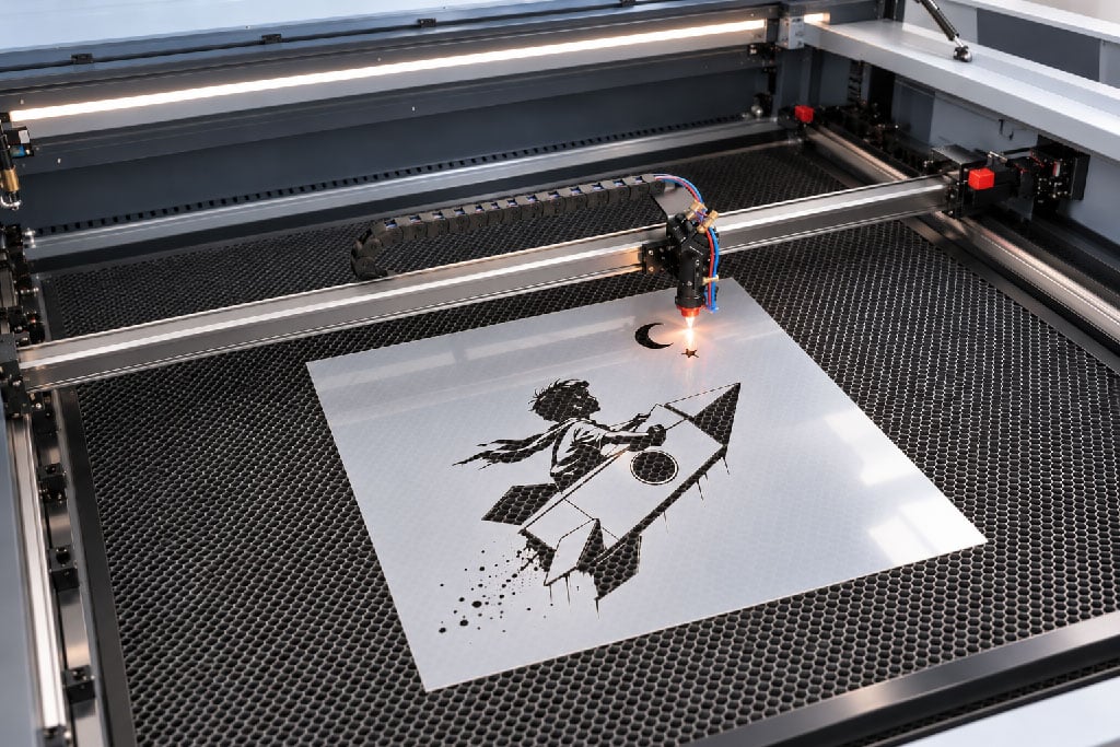 Machine de découpe laser réalisant un pochoir artistique représentant un enfant sur une fusée, dans une feuille de Mylar.