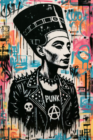 Résultat artistique créé grace au pochoir de la célèbre reine égyptienne Néfertiti revisité au style punk