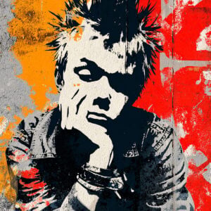 Illustration artistique du Pochoir Punk Rock – Portrait de Garçon, avec un personnage à la coiffure hérissée et au blouson de cuir, sur un fond aux tonalités orange et rouge, avec des effets de peinture et de texture.