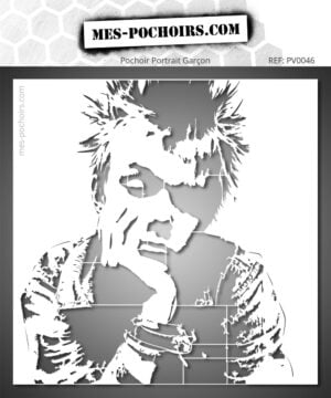 Pochoir représentant un jeune garçon au style Punk Rock, avec une coiffure hérissée, un blouson de cuir et des accessoires à clous. Dessin graphique aux contrastes marqués.