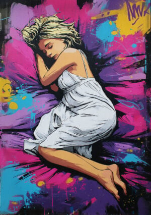 Exemple de réalisation artistique du pochoir Instant de Sérénité, représentant une jeune femme endormie sur un fond abstrait aux effets de peinture et de textures. Une composition qui joue sur le contraste entre l'énergie du décor et le calme paisible du personnage.