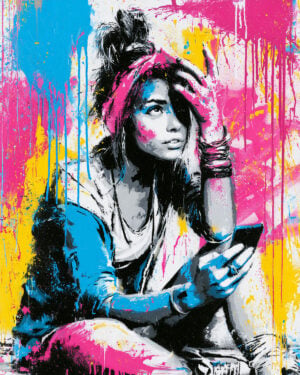 Illustrazione colorata di una donna con il suo telefono, realizzata con stencil.